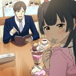  1boy 3girls :d :t absurdres anger_vein bangs black_hair blue_jacket blush brown_eyes brown_hair closed_mouth coffee collared_shirt cup dark-skinned_female dark_skin eyebrows_visible_through_hair food fork formal grey_hair grey_neckwear highres holding holding_fork holding_pencil idolmaster idolmaster_shiny_colors indoors izumi_mei jacket long_sleeves looking_at_viewer looking_back mayuzumi_fuyuko misaki_nonaka multiple_girls necktie open_mouth pencil pink_shirt producer_(idolmaster) saucer serizawa_asahi shirt smile straylight_(idolmaster) suit sunglasses sweat table utensil_in_mouth white_shirt 