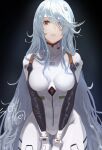  1girl absurdres alternate_hair_length alternate_hairstyle ayanami_rei bangs blue_hair bodysuit breasts commentary crying crying_with_eyes_open evangelion:_3.0+1.0_thrice_upon_a_time hair_over_one_eye highres interface_headset long_hair messy_hair neon_genesis_evangelion nicporim plugsuit rebuild_of_evangelion red_eyes signature solo tears very_long_hair white_bodysuit 
