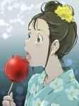  1girl bangs black_hair blue_kimono blush brown_eyes candy_apple commentary earrings eating floral_print flower food hair_flower hair_ornament highres holding holding_food japanese_clothes jewelry kimono licking lips monodevil open_mouth original portrait raised_eyebrows upper_teeth yellow_flower yukata 