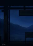  alu.m_(alpcmas) blurry dark depth_of_field highres mountainous_horizon night night_sky no_humans original outdoors railing scenery sign signature sky star_(sky) train_station valley 