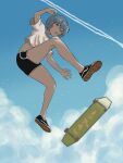  1girl ayanami_rei bare_legs black_footwear black_shorts blue_hair blue_sky casual clouds commentary condensation_trail dolphin_shorts from_below full_body highres jason_yossarian kickflip light_particles midair neon_genesis_evangelion open_mouth red_eyes shirt shoe_soles shoes short_hair short_sleeves shorts skateboard sky solo t-shirt white_shirt 