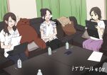  3girls ^^^ absurdres bendy_straw black_hair black_pants bottle brown_eyes brown_hair character_request computer couch curtains drinking_straw hair_bun highres idolmaster idolmaster_shiny_colors indoors jacket laptop long_hair misaki_nonaka multiple_girls nose_bubble on_couch open_clothes open_jacket open_mouth pants pencil pillow purple_skirt shirt short_sleeves sitting skirt stuffed_animal stuffed_toy sweat table teddy_bear translation_request white_shirt 