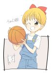  1girl ;d artist_logo ball bangs basketball beige_background blonde_hair border bow character_name cowboy_shot dot_nose eyebrows_visible_through_hair hair_bow hands_up highres hime-chan_no_ribbon holding holding_ball looking_at_viewer nonohara_himeko one_eye_closed open_mouth outside_border overall_shorts overalls poyozoo_(poyozoz) red_bow shirt short_hair short_sleeves simple_background smile solo standing tareme white_border white_shirt yellow_eyes 