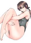  1girl absurdres black_swimsuit brown_eyes brown_hair competition_swimsuit feet_out_of_frame full_body gertrud_barkhorn highres hugging_own_legs long_hair looking_at_viewer one-piece_swimsuit simple_background solo strike_witches swimsuit twintails white_background world_witches_series yuusha 