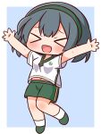  &gt;_&lt; 1girl :d arms_up bangs blue_background blush breasts character_request chibi closed_eyes commentary_request facing_viewer full_body green_footwear green_hairband green_shorts grey_hair gym_shirt gym_shorts gym_uniform hairband hana_kazari highres navel open_mouth outstretched_arms princess_connect! shirt shoes short_sleeves shorts small_breasts smile socks solo two-tone_background white_background white_legwear xd 