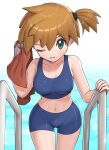  1girl commentary gonzarez green_eyes highres misty_(pokemon) navel pokemon pokemon_(game) pokemon_frlg pool short_hair short_ponytail side_ponytail solo swimsuit towel water 