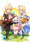  1boy 2girls :d aether_(genshin_impact) ahoge bangs bare_shoulders black_footwear black_pants blonde_hair blue_flower blush boots bouquet breasts brother_and_sister brown_eyes brown_shirt bush cake closed_mouth commentary_request crystal dress explosion eyebrows_visible_through_hair flower food food_on_face genshin_impact grey_hair hair_between_eyes hair_flower hair_ornament highres holding holding_plate knee_boots long_hair lumine_(genshin_impact) multiple_girls mushroom open_mouth paimon_(genshin_impact) pants plate red_flower sansei_rain shirt short_sleeves siblings single_thighhigh small_breasts smile sparkle thigh-highs thigh_boots thighhighs_under_boots turkey_(food) violet_eyes white_dress white_flower white_legwear yellow_flower 