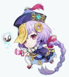  1girl bangs bead_necklace beads braid cape chibi chinese_clothes coin_hair_ornament commentary_request eyebrows_visible_through_hair genshin_impact hair_between_eyes hat highres jewelry jiangshi long_hair long_sleeves looking_at_viewer low_ponytail necklace ofuda orb purple_hair qing_guanmao qiqi_(genshin_impact) shoes sidelocks simple_background single_braid solo violet_eyes vision_(genshin_impact) white_background white_legwear wide_sleeves y.i._(lave2217) yin_yang yin_yang_orb 