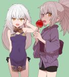 2girls :d bare_shoulders bike_shorts black_panties breasts candy_apple character_request covered_navel earrings fang food green_background grey_hair hair_lift hand_up japanese_clothes jewelry kimono long_sleeves looking_at_viewer multiple_girls obi open_mouth orange_eyes original panties panty_straps ponytail purple_kimono red_sash sash short_kimono side-tie_panties simple_background small_breasts smile sumiyao_(amam) sumiyao_(sumiyao_(amam)) tassel tassel_earrings underwear white_hair wide_sleeves 