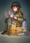  ankle_boots beans boots box brown_eyes brown_hair can candy canteen cookie eating erica_(naze1940) food gaiters grass helmet highres long_hair mess_kit military military_uniform original sitting sitting_on_box soldier spoon steam uniform world_war_ii 