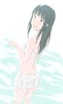  1girl bangs bare_back bare_shoulders black_eyes black_hair blush breasts highres lips long_hair looking_back monodevil original partially_submerged raised_eyebrows skirt small_breasts smile solo swimsuit wading water white_skirt white_swimsuit 