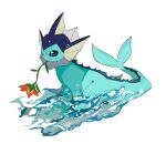  animal_focus apios1 blank_eyes blue_eyes blue_theme commentary flower full_body gen_1_pokemon mouth_hold no_humans partially_submerged pokemon pokemon_(creature) red_flower simple_background sitting solo vaporeon water water_drop white_background 
