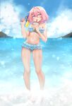  1girl bare_arms bare_legs bare_shoulders bikini blue_bikini blue_sky blush bubble_tea closed_mouth commentary commission cup day english_commentary frilled_bikini frills grey_eyes highres holding holding_cup holding_water_gun looking_at_viewer medium_hair navel ocean original outdoors pigeon-toed pink_hair sipping sky smile solo standing swimsuit temachii wading water_gun wet 