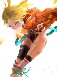  1girl bandaid bandaid_on_leg bike_shorts black_shorts black_survival blonde_hair blue_eyes clenched_hand emirp199 fighting_stance fingerless_gloves gloves highres jacket looking_at_viewer midriff nicky_blake orange_footwear orange_jacket shorts simple_background solo tagme white_background 