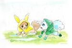  :d alolan_form alolan_vulpix blue_eyes clothed_pokemon commentary do9bessa eevee english_commentary gen_1_pokemon gen_7_pokemon grass green_eyes hood hood_up no_humans open_mouth painting_(medium) pokemon pokemon_(creature) puddle rain raincoat smile tongue traditional_media water watercolor_(medium) 