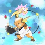  :d berry_(pokemon) black_eyes bowl clothed_pokemon commentary cooking do9bessa english_commentary gen_1_pokemon holding jacket no_humans open_mouth pokemon pokemon_(creature) raichu sitrus_berry smile standing toes tongue white_jacket 