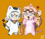  1boy 1girl :d animal_costume antenna_hair bangs blonde_hair blue_eyes cat_costume chibi commentary dangan_ronpa_(series) dangan_ronpa_v3:_killing_harmony dated fang goggles goggles_on_head green_eyes grey_hair hair_between_eyes hand_on_hip hand_up iruma_miu keebo long_hair mechanical_arms open_mouth orange_background paw_print pink_hair shiny shiny_hair short_hair signature simple_background skin_fang smile standing symbol-only_commentary tail translation_request v white_hair xian_(axxxx-721) 