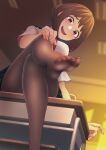  1girl :d bangs black_legwear blurry blurry_background boku_no_hero_academia brown_eyes brown_hair chair classroom collared_shirt crossed_legs desk dot_nose eyebrows_visible_through_hair feet green_skirt hand_on_own_knee highres indoors kobaji looking_at_viewer necktie no_shoes on_desk open_mouth pantyhose pleated_skirt red_neckwear school_uniform shirt short_hair sidelocks sitting sitting_on_desk skirt smile solo toes u.a._school_uniform uraraka_ochako white_shirt 