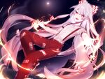  1girl arm_up artist_name bangs bow collar collared_shirt eyebrows_visible_through_hair eyes_visible_through_hair fire flying fujiwara_no_mokou hair_between_eyes hair_bow hands_up highres long_sleeves looking_at_viewer moon mountain multicolored_bow nemachi night night_sky open_mouth pants puffy_sleeves red_bow red_eyes red_footwear red_pants shirt shoes silver_hair sky smile sneakers solo touhou white_bow white_collar white_shirt white_sleeves 