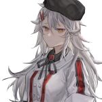  1girl black_headwear black_shirt bolo_tie collared_shirt commentary_request gepard_m1_(girls_frontline) girls_frontline hair_between_eyes hair_ornament hairclip hat highres jacket long_hair messy_hair qiujiao shirt solo upper_body white_background white_hair white_jacket yellow_eyes 