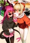2girls absurdres ahoge artbook banned_artist black_legwear blonde_hair buttons camera cellphone coat coffee coffee_mug contemporary cup disposable_cup double-breasted eating elizabeth_bathory_(fate) elizabeth_bathory_(fate)_(all) fate/grand_order fate_(series) finger_cots food hair_intakes highres holding holding_phone mug multiple_girls nero_claudius_(fate) orange_coat pantyhose parsley-f pasta phone pink_hair scan smartphone spaghetti tail yellow_background