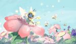  closed_mouth commentary cutiefly day do9bessa english_commentary flower gen_7_pokemon holding looking_at_viewer no_humans outdoors pink_flower pokemon pokemon_(creature) purple_flower ribombee sitting smile 