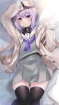  1girl a.i._voice absurdres bed_sheet beige_jacket black_legwear cardigan collar eyebrows_visible_through_hair grey_serafuku grey_skirt highres kutan looking_at_viewer lying on_back on_bed purple_hair short_hair skirt solo thigh-highs violet_eyes voiceroid white_collar yuzuki_yukari yuzuki_yukari_(shizuku) zettai_ryouiki 