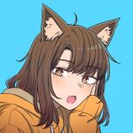  1girl arm_support blush bright_pupils brown_eyes brown_hair eyebrows_visible_through_hair fang head_rest hood hoodie long_sleeves looking_at_viewer open_mouth orange_hoodie original portrait solo texus white_pupils 