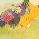  1boy bangs baseball_cap blush champion_uniform charizard closed_eyes dark-skinned_male dark_skin dynamax_band facial_hair gen_1_pokemon grass hat highres leon_(pokemon) long_hair lying male_focus mobuchin on_back open_mouth pokemon pokemon_(creature) pokemon_(game) pokemon_swsh purple_hair shield_print shirt short_sleeves smile sword_print tongue upper_teeth white_wristband 