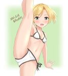  1girl ame-san bangs bikini blonde_hair breasts commentary_request cowboy_shot dated green_eyes highres kantai_collection looking_at_viewer maikaze_(kancolle) one-hour_drawing_challenge parted_bangs ponytail short_hair side-tie_bikini small_breasts solo split standing standing_on_one_leg standing_split swimsuit twitter_username white_bikini 