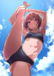  1girl armpits bangs barefoot bikini black_bikini blush breasts brown_hair clouds commentary day foreshortening from_below glowing glowing_eyes grin hand_on_own_leg highres looking_at_viewer looking_down midriff navel original short_hair sky small_breasts smile smug solo split sports_bikini standing standing_on_one_leg standing_split swimsuit tan tanlines v-shaped_eyebrows violet_eyes wang-pac 