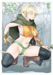  1girl arrow_(projectile) ass_visible_through_thighs black_legwear blonde_hair boots bow_(weapon) breasts cloak covered_nipples earrings elf eyelashes full_body fundoshi green_eyes holding holding_bow_(weapon) holding_weapon japanese_clothes jewelry navel neone original pointy_ears revealing_clothes solo squatting thigh-highs weapon 