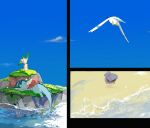  :&lt; animal_focus apios1 bag bird black_border blue_sky blush border closed_eyes closed_mouth clouds commentary day flying from_above from_behind full_body gen_1_pokemon gen_3_pokemon gen_4_pokemon grass highres island leafeon lying no_humans ocean on_side outdoors pawpads pokemon pokemon_(creature) sand shell shellder sitting sky sleeping tongue tongue_out vaporeon water water_drop wingull 