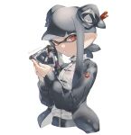  1girl bangs blunt_bangs chinese_clothes closed_mouth commentary double_bun eyebrows_visible_through_hair frown grey_hair grey_jacket hair_ornament holding holding_weapon inkling jacket jinkobanana logo long_hair long_sleeves looking_at_viewer pointy_ears red_eyes simple_background solo splat_bomb_(splatoon) splatoon_(series) splatoon_2 tentacle_hair tied_hair twitter_username upper_body weapon white_background zipper 