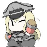  1girl bismarck_(kancolle) blonde_hair boots brown_gloves chibi detached_sleeves gloves grey_footwear hand_up hat kantai_collection long_hair long_sleeves military military_uniform no_mouth one_eye_closed peaked_cap simple_background solo task_(s_task80) uniform waving white_background 