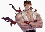  1boy bare_pectorals bare_shoulders belt black_belt brown_eyes brown_hair closed_mouth collarbone crossed_arms dougi fingerless_gloves frown gloves grey_background headband karate_gi male_focus muscular muscular_male pectorals privokome red_gloves red_headband ryu_(street_fighter) simple_background solo street_fighter torn torn_clothes 