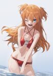  bikini blue_eyes blush bracelet brown_hair highres jewelry long_hair looking_at_viewer neon_genesis_evangelion one_eye_closed red_bikini souryuu_asuka_langley ssangbong-llama sweatdrop swimsuit two_side_up 