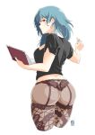  1girl alternate_eye_color ass automatic_giraffe bangs blue_eyes blue_hair book breasts byleth_(fire_emblem) byleth_eisner_(female) chalk closed_mouth fire_emblem fire_emblem:_three_houses garter_belt hair_ornament large_breasts long_hair looking_at_viewer looking_back panties pantyhose red_eyes simple_background smile solo super_smash_bros. teacher underwear white_background 
