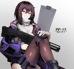  1girl bangs black_legwear brown_hair character_name dp-12_(girls_frontline) dp-28 eyebrows_visible_through_hair girls_frontline gun hand_on_own_knee highres holding holding_weapon iitenkidesune jacket long_hair looking_at_viewer open_clothes open_jacket purple_jacket shotgun simple_background smile solo sweater thigh-highs turtleneck violet_eyes weapon white_sweater 