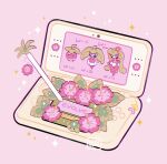  artist_name bounsweet buttons commentary flower gen_7_pokemon hand_up leaf leaphere new_nintendo_3ds no_humans number pink_background pink_flower pokemon signature simple_background smile sparkle steenee stylus tsareena 