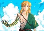 1boy alternate_costume bangs belt blonde_hair blue_eyes brown_belt closed_mouth clouds collarbone day earrings hanabelink jewelry link long_hair looking_at_viewer male_focus messy_hair outdoors pointy_ears ring serious smile solo sparkle the_legend_of_zelda the_legend_of_zelda:_breath_of_the_wild toga twitter_username 