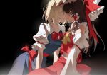  2girls alice_margatroid arm_support ascot black_background blonde_hair blue_dress bow bowtie brown_hair collarbone collared_shirt commentary_request detached_sleeves dress eyebrows_visible_through_hair frilled_hairband frills hair_bow hair_tubes hairband hakurei_reimu highres imminent_kiss light_particles long_hair meng_ziya multiple_girls parted_lips pinafore_dress puffy_short_sleeves puffy_sleeves red_bow red_hairband red_neckwear red_shirt red_skirt shirt short_hair short_sleeves simple_background sitting skirt sleeveless sleeveless_shirt sweatdrop touhou white_shirt yellow_neckwear yuri 