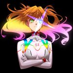  1girl bangs black_background blue_eyes bodysuit breasts closed_mouth collarbone cropped_torso cross_akiha crossed_arms evangelion:_3.0+1.0_thrice_upon_a_time eyebrows_visible_through_hair glowing glowing_eye gradient_hair green_eyes hairpods heterochromia medium_breasts multicolored_hair neon_genesis_evangelion orange_hair pilot_suit plugsuit rebuild_of_evangelion skin_tight solo souryuu_asuka_langley white_bodysuit 