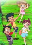  2boys 2girls :d ash_ketchum bangs black_hair blue_eyes brown_eyes brown_hair chloe_(pokemon) commentary day dress english_commentary eyelashes goh_(pokemon) grass green_eyes hand_on_headwear hat holding holding_hands holding_stick holding_strap light_brown_hair multiple_boys multiple_girls noelia_ponce open_mouth outdoors pink_bag pokemon pokemon_(anime) pokemon_swsh_(anime) pokemon_xy_(anime) serena_(pokemon) shirt shoes short_hair shorts sleeveless sleeveless_shirt smile socks standing stick tongue tree upper_teeth watermark white_legwear younger 