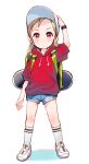  1girl arm_up baseball_cap blue_shorts blush brown_hair child closed_mouth forehead full_body hand_on_headwear hat highres hood hood_down hoodie long_hair low_twintails meito_(maze) original puffy_short_sleeves puffy_sleeves red_eyes red_hoodie ribbed_legwear shoes short_shorts short_sleeves shorts skateboard smile socks solo standing twintails v-shaped_eyebrows white_footwear white_headwear white_legwear 