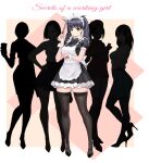  1girl apron black_bow black_legwear blue_hair bobobong bow breast_hold breasts crowd cup earrings green_eyes hair_between_eyes hand_on_hip hand_up high_heels holding holding_cup jewelry ladle leg_up light_smile low_twintails maid office_lady original silhouette standing strappy_heels thigh-highs twintails uniform wrist_cuffs zettai_ryouiki 