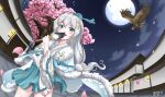  1girl architecture bangs bird blue_eyes byeoljagga cherry_blossoms chinese_clothes clouds cloudy_sky commission earrings east_asian_architecture hair_between_eyes hair_ornament hand_fan hawk highres holding holding_fan honkai_(series) honkai_impact_3rd jewelry lantern looking_at_viewer moon night night_sky open_mouth outdoors petals sky solo teeth theresa_apocalypse theresa_apocalypse_(starlit_astrologos) tree white_hair zhuge_kongming_(honkai_impact) 