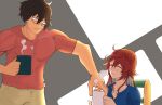  1boy 1girl aria_(guilty_gear) brown_eyes casual coffee_mug couple cup glasses guilty_gear happy jack-o&#039;_valentine long_hair mug multicolored_hair muscular muscular_male shirt smile sol_badguy t-shirt two-tone_hair 