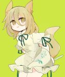  1girl 76gpo animal_ears bangs blonde_hair eyebrows_visible_through_hair fox_ears fox_tail green_background hair_between_eyes jumpsuit kudamaki_tsukasa looking_at_viewer open_mouth short_hair simple_background smile solo standing tail touhou 