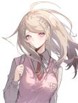  1girl ahoge akamatsu_kaede arm_at_side backpack bag bangs blonde_hair breasts collared_shirt commentary_request dangan_ronpa_(series) dangan_ronpa_v3:_killing_harmony eighth_note hair_ornament hand_up highres large_breasts long_hair long_sleeves looking_at_viewer messy_hair musical_note musical_note_hair_ornament necktie pink_eyes pink_vest raito47 shiny shiny_hair shirt simple_background smile solo upper_body vest violet_eyes white_background 